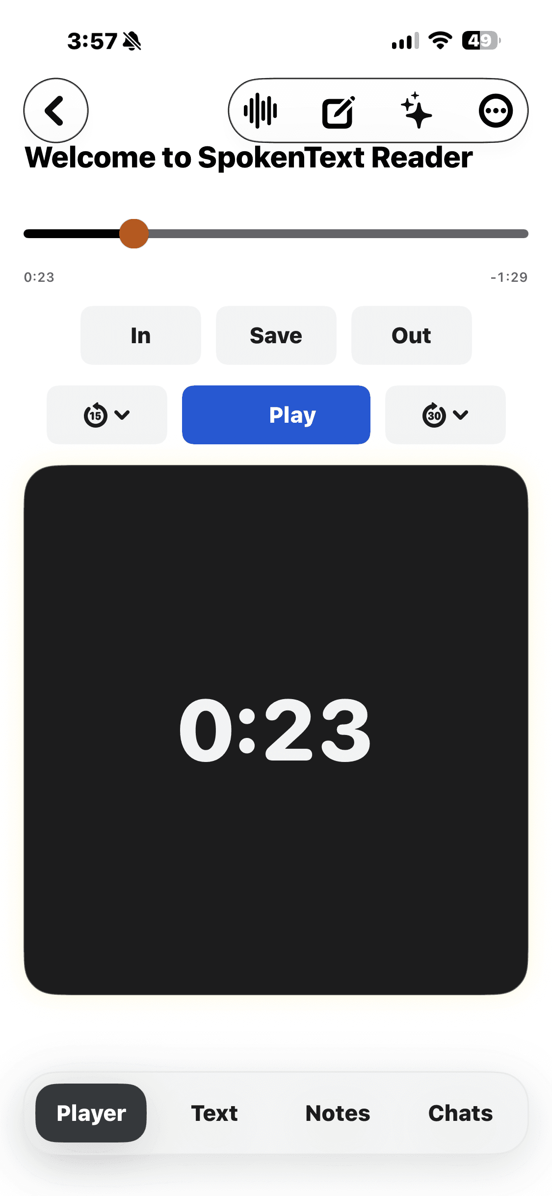 SpokenText Reader player showing playback controls, clip controls, and the current position in a document